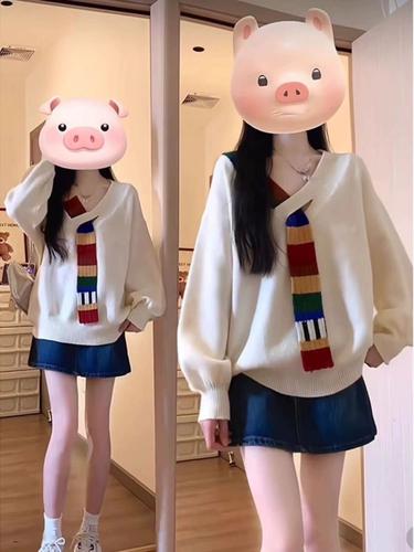 穿v领毛衣搭配牛仔裙_V领毛衣时尚百搭，显高显瘦，秋冬必备！