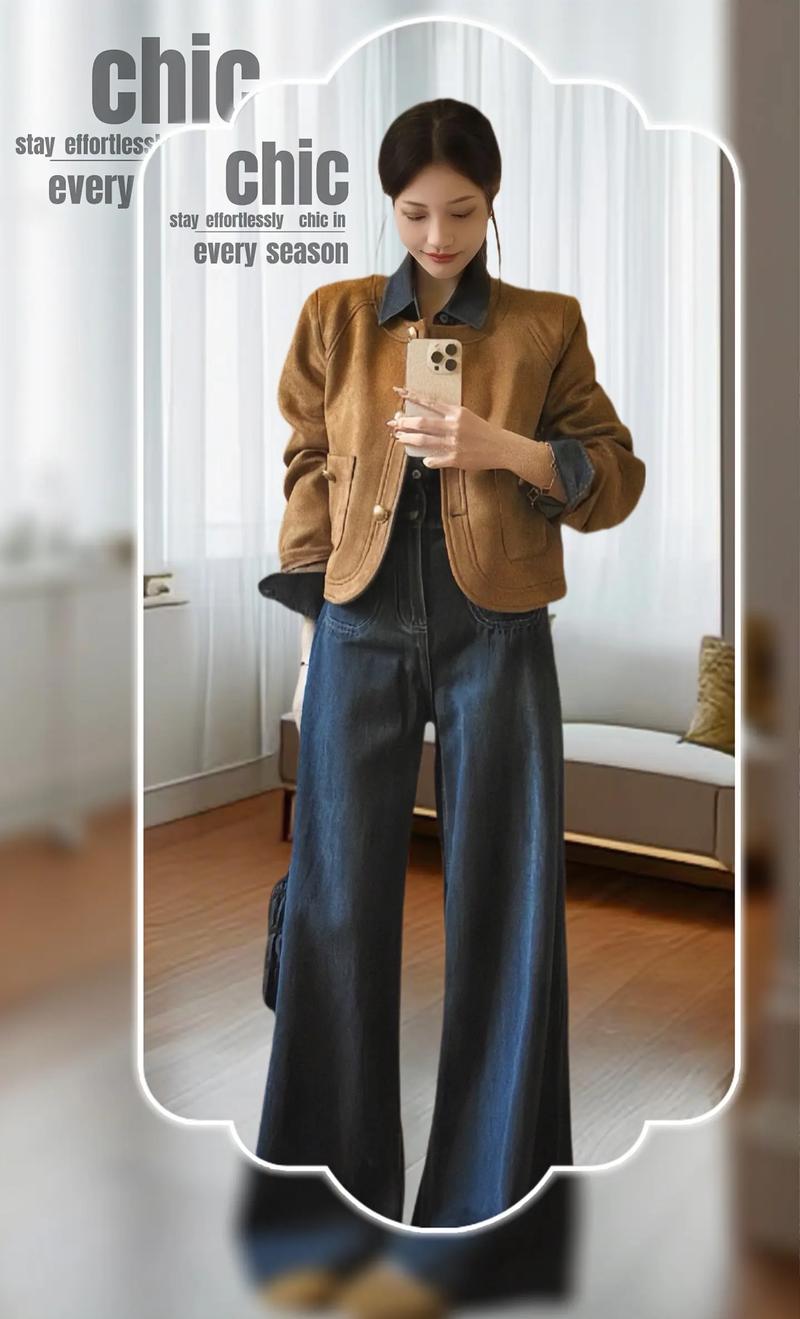 焦糖色短外套配_黑白经典，层次时尚