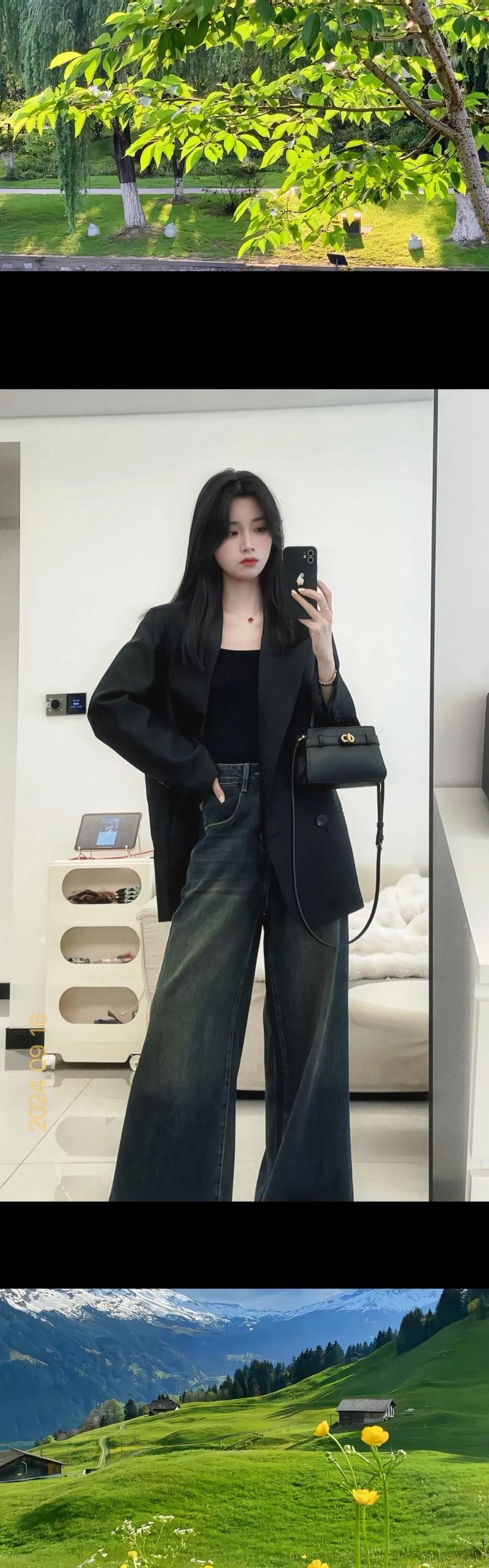 裤腿牛仔裤配什么外套_阔腿牛仔裤搭外套，保暖又时髦！